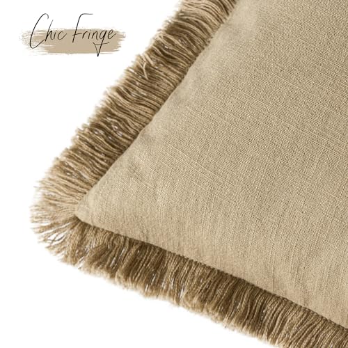 Foindtower Decorative Linen Fringe Throw Pillow Covers Boho Farmhouse Cushion Cover with Tassels Soft Accent Pillowcase for Chair Sofa Bed Living Room Home Decor, 16×16 Inch, 1PC,Light Khaki Taupe - color: Taos Taupe, size: 16" x 16" (Pack of 1)