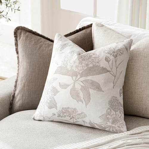 Foindtower Set of 2 Linen Floral Vintage Throw Pillow Covers Neutral Accent Print Decorative Cushion Covers Farmhouse Home Decor for Sofa Chair Couch Bedroom Living Room,18×18 Inch,Tan Beige - color: Doeskin, size: 18" x 18" (Pack of 2)