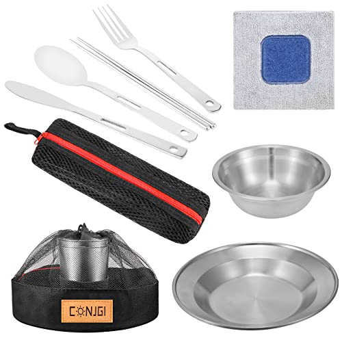 Outdoor Camping Mess Kit - 1 to 2 persons Camping Dishes Includes Cups, Bowls, Dishes, Knives, Forks, Spoons, Etc, Camping Dinnerware Set with Mesh Bag is Easy to Carry Camping Tableware Set - color: 2 person set black