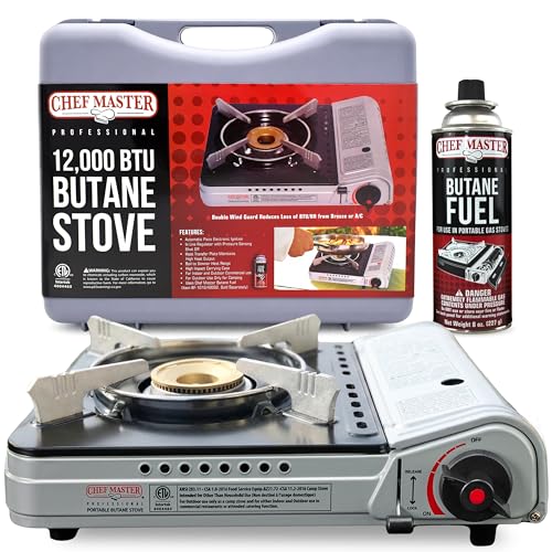 Chef Master 12,000 BTU Portable Butane Stove - Gas Burner for Camping & Outdoor Cooking - Countertop Cooktop with Carry Case, Wind Guard & Electronic Ignition - Portable Cooker & Burner Stove – 90235 - size: Stove Only