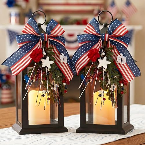 Patriotic Lanterns Decorative Indoor, 2 Pack Black Lantern with Timer Flameless Candle, 14" Battery Waterproof Outdoor Hanging 4th of July Lanterns for Porch, Patio, Patriotic Decorations - color: Patriotic-2pcs
