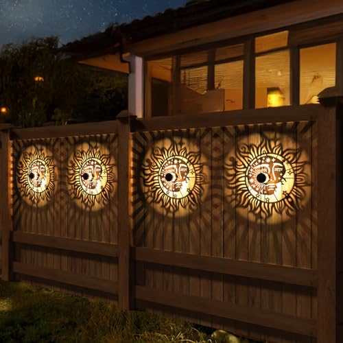 4 Pack Solar Fence Lights Metal Solar Powered Outdoor Wall Deck Step Lights Sun Moon Theme Waterproof Fence Light for Garden Post Patio Backyard Yard Decor, Gardening Gifts for Women Mom Grandma - color: Sun Moon, size: 4 Pack