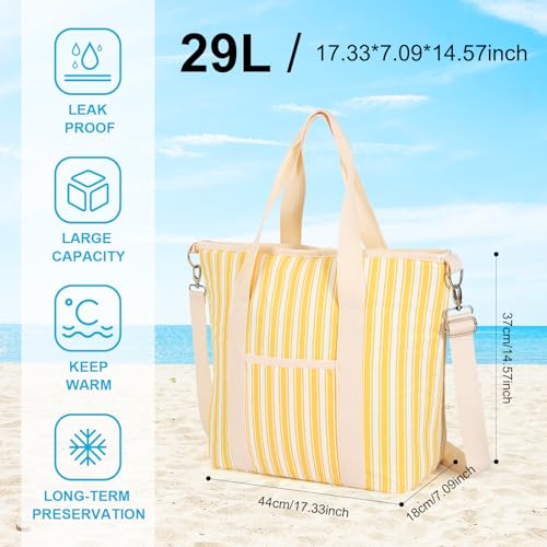 Nanxson 9L/15L/29L Extra Large Insulated Lunch Bag for Women Adult Reusable Leakproof Picnic Lunch Box Freezable Cooler Tote Bag (29L,B-Yellow Stripe) - color: B-Yellow Stripe, size: 29L