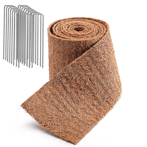 Natural Mulch Roll for Landscaping- 120" x 6.3" Weed Barrier Coconut Fiber Mat with 16 U-Shaped Steel Stakes, Thick Garden Border Edging for Plants, Flowers, Lawns, Vegetables