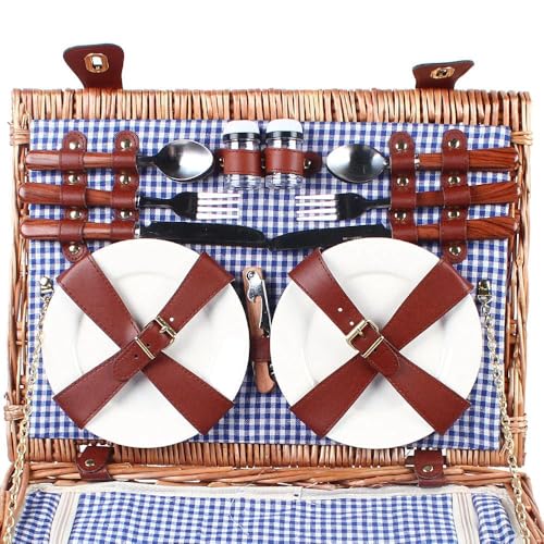Blue 4 Persons Wicker Large Insulated Cooler Compartment with Lid and Handle Picnic Basket Set