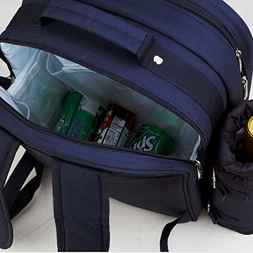 Bold Picnic Backpack with Blanket for 4 - color: Navy/White With Gingham