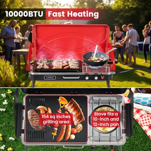 HAPPYGRILL Portable Camping Stove, 2-Burner Propane Grill Cooker with Removable Leg Stand, Roast Grill, Dual Control Knobs, Wind Guards, Outdoor Gas Grill for Camping BBQ Picnic, Red - color: Red