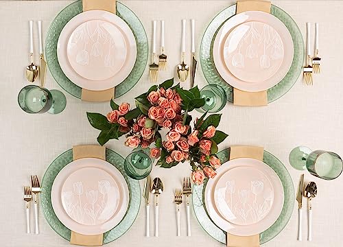 PLASTICPRO 32 Pack Elegant Disposable Plastic Plates Combo Set Includes 16 Dinner Plates and 16 Salad Plates Heavy Duty Fancy Party Plates Pink and White Tulip Design - color: Pink & White Tulip Design