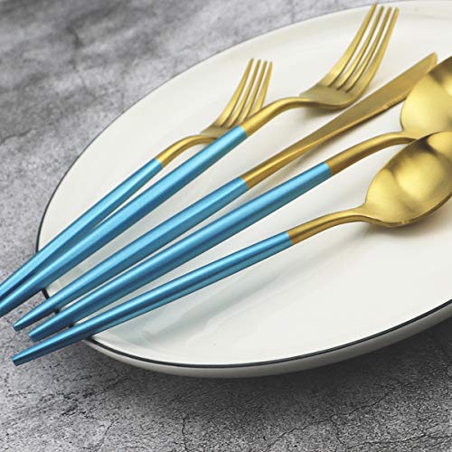 20-Piece 18/10 Stainless Steel Flatware Silverware, Luxury Dinnerware Set Travel Cutlery Tableware Include Knife Fork Spoon Service for 4, Dishwasher Safe (Blue Handle Matte Gold) - color: Blue Handle Gold, size: Service for 4