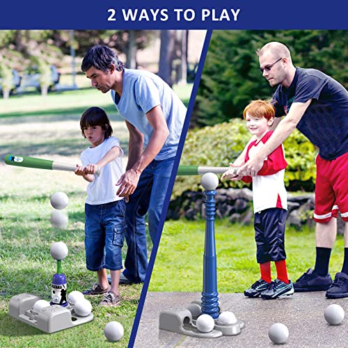QDRAGON 2 in 1 T Ball Sets for Kids 3-5 5-8, Tee Ball Set with Automatic Pitching Machine/Adjustable Batting Bat & Stand/6 Balls, Baseball Toys Outdoor Sport for Toddlers Boys, Blue - color: Blue