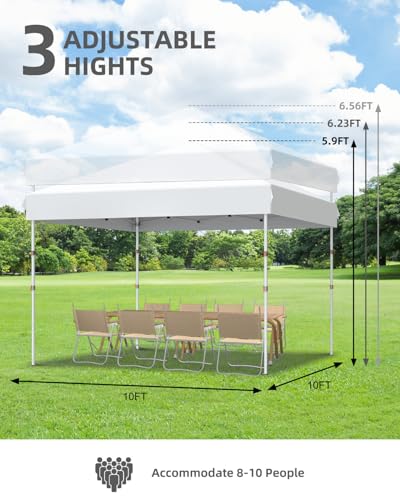 GarveeLife 10x10 Pop Up Canopy with One Button Push Setup - Heavy Duty Outdoor Canopy Tent with Portable Roller Bag - 3 Adjustable Height, 4 Weight Bags, 8 Stakes & 4 Guy Ropes Included, White - color: White
