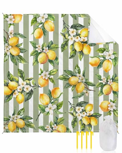 Lemon Beach Blanket Waterproof Sandproof 108"x84", Summer Sage Green Stripes Oversized Beach Mat with 4 Corner Sand Pocket & 4 Stakes, Compact Outdoor Picnic Mat for Camping Travel Festivals - color: Green, size: 108"x84"