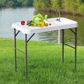 Folding Fish Cleaning Table with Sink, Portable Camping Sink Table with Measure Mark, Drainage Hose and Knife Groove, Outdoor Fish Fillet Cleaning Station for Picnic Fishing, White - color: Off White