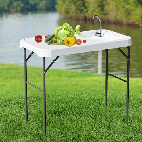 Folding Fish Cleaning Table with Sink, Portable Camping Sink Table with Measure Mark, Drainage Hose and Knife Groove, Outdoor Fish Fillet Cleaning Station for Picnic Fishing, White - color: Off White