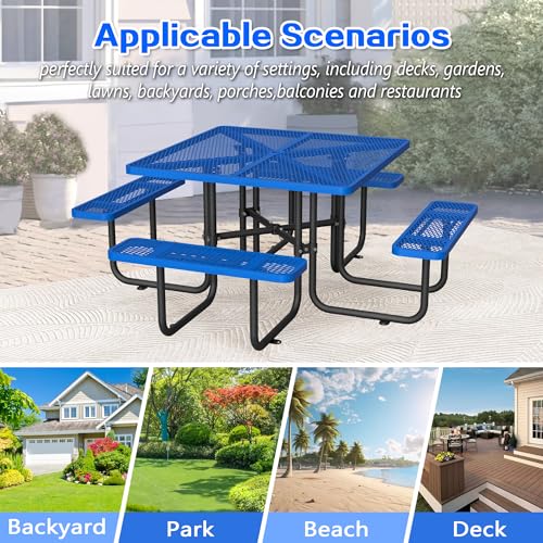 46" Square Metal Picnic Tables for Outdoors with Umbrella Hole - Coated Steel Heavy Duty Commercial Grade Table with Seats, Patio Furniture Set for a Lifetime, Blue - color: Blue-square