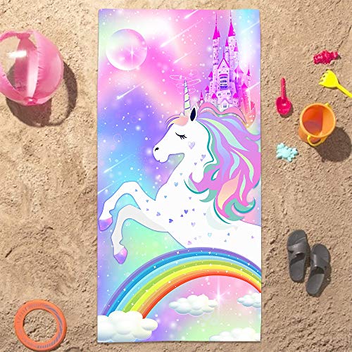 Bonsai Tree Unicorn Microfiber Beach Towel, Rainbow Kids Quick Dry Beach Blanket Oversized Clearance 30" x 60", Magic Castle Cute Sand Proof Bath Towels for Girls Travel - color: Unicorn 1, size: 30"x60"
