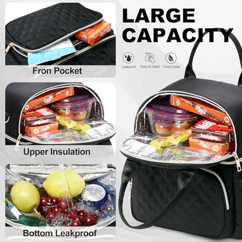 AIJIEKE Large Insulated Lunch Bag for Women, Double Compartment Leakproof Lunch Box for Work Office, Reusable Cooler Tote with Adjustable Strap & Side Pockets for Adults Picnic Beach, Black - color: Black