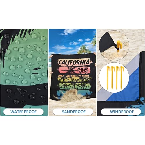 HIHOHO Beach Blanket Waterproof Sandproof Extra Large Beach Mat 79" X 83"/120"x108"for 1-8 Adults Quick Drying Durable Outdoor Picnic Mat for Beach Travel Camping Hiking - color: Coconut Tree - Rainbow - California, size: 79" X 83"（1~3 person）