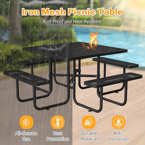 46" Square Metal Picnic Tables for Outdoors with Umbrella Hole - Coated Steel Heavy Duty Commercial Grade Table with Seats, Patio Furniture Set for a Lifetime, Black - color: Black-square