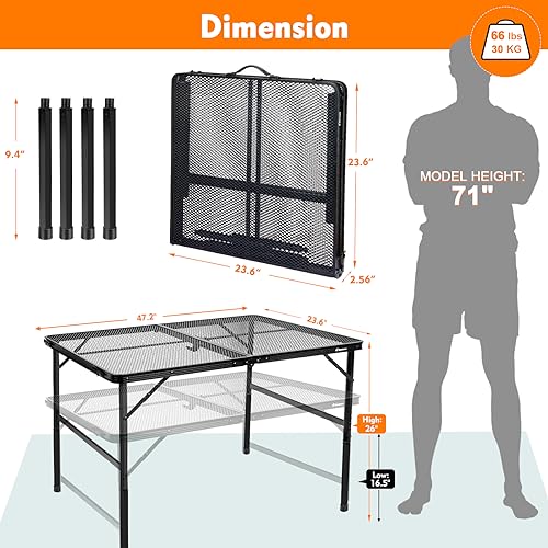 4 ft Folding Table with Metal Mesh Desktop, Grill Table Camping Table with Carry Handle,Adjustable Height (16.5" & 26"), Outdoor Table for Camp, Cooking, BBQ, RV, Picnic,Fits 4–8 People,Black - color: Black, size: Large 4Ft - 47.2"L x 23.6"W x 16.5"/26"H