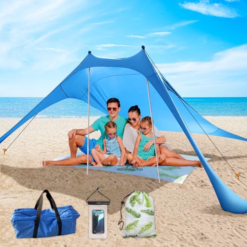 Beach Shade Canopy with Beach Blanket Phone Case Sun Shelter Umbrella UPF50+ Protection Portable 7.5X7.5Ft Camping Tents for Beach Outdoor Camping Backyard Picnics Easy to Set Up for Outdoor Camping - style: 7.5x7.5FT with 79" X 83"beach blanket