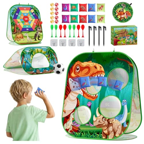 4-in-1 Dinosaur Bean Bag Toss Game for Kids, Cornhole Board Set with Dart Board for Toddler Outdoor Toys, Family Party Game Backyard Beach Lawn Activities Gift for Boys & Girls Ages 3 4 5 6 7 8 - color: Dinosaur