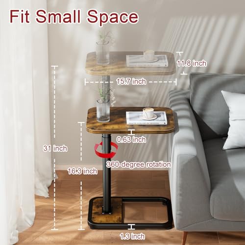 GOYLSER C-Shaped Tables Small Swivel End Table, Height Adjustable Side Tables Living Room, Rotating Snack Couch Wooden Tv Trays for Eating On Couch, Rustic Brown - color: Rustic Brown, style: Standard C Table