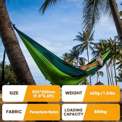 NATUREFUN Ultra-Light Travel Camping Hammock | 300kg Load Capacity,Breathable,Quick-Drying | 2 x Premium Carabiners,2 x Nylon Slings Included | Outdoor Indoor Garden - color: Light Green/Dark Green, size: 300x200cm