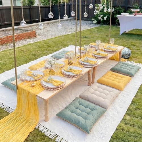 Extra Large Outdoor Picnic Blanket with Table Runner and Floor Pillow Cushion for Picnic Wedding Birthday Baby Shower Backyard Decor(91 x 71'',Light Beige,Yellow,Green,8 Pcs) - color: Light Beige,yellow,green