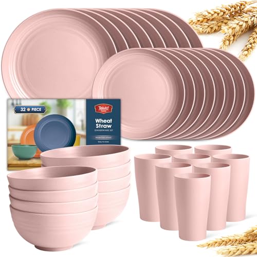 Teivio 32-Piece Kitchen Plastic Wheat Straw Dinnerware Set, Service for 8, Dinner Plates, Dessert Plate, Cereal Bowls, Cups, Unbreakable Colorful Plastic Outdoor Camping Dishes, Pink - color: Pink