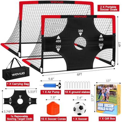 Kids Soccer Goals for Backyard Set of 2, 6x4 ft Portable Toddler Soccer Goal Training Equipment with Soccer Target, Ball, Cones, Soccer Net for Kids Age 3-5 6-8 8-12 10-12-14 Outdoor Sports Games Gift - color: Black Red