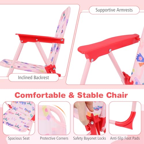 Costzon Kids Picnic Table, Kids Outdoor Table with 2 Folding Chairs, Height Adjustable Umbrella, Portable Children Outdoor Furniture for Patio, Garden, Backyard (Pink Butterfly) - color: Pink Butterfly