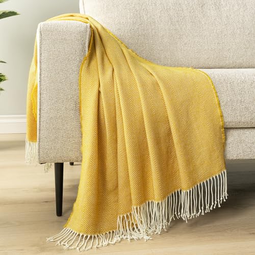 PAVILIA Yellow Herringbone Throw for Couch, Decorative Outdoor Accent Blanket, Faux Cashmere, Lightweight, 50x60 - color: Herringbone - Yellow, size: 50 X 60 Inches - Throw