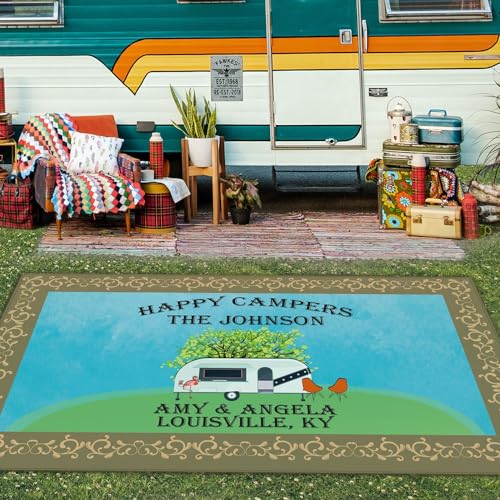 Custom RV Rug Happy Campers Trailer Campsite Decor Floor Mat for Outdoors, Patio, Backyard, Picnic, Beach, Camping, 30 x 55 Inch - color: Happy Campers, size: 2'6" x 4'7" (Rectangular)