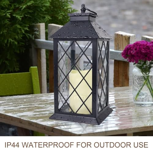 2-Pack 13.5" Vintage Candle Lantern with LED Pillar Candle (Black, 6hr Timer) - IP44 Waterproof Battery Powered Decorative Light - Outdoor Patio Hanging Lantern Decorative Tabletop Light - color: [ 2-pack ] Textured Black Lantern - White Candle, size: 13.