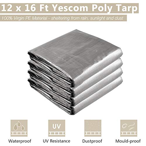 Yescom 12x16FT 14-Mil Plastic Tarp Waterproof Heavy Duty Tarpaulin with Eyelets Reversible Tear Resistant Furniture Covers Painting Camping Roof - color: 14mil-1pc-silver, size: 12X16 Ft