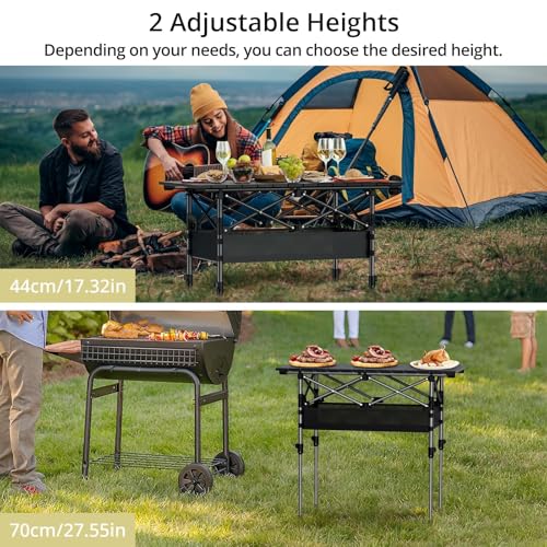 Anbte 3ft Aluminum Roll Top Camping Table Max 27.5", 2 Adjustable Height Folding Camping Table Waterproof with Storage Net and Bag for BBQ Picnic Tailgating Backyard RV Travel, 32.2” x 16”, Pure Black - color: Pure Black, size: 32"L x 16"W x 27.5"H (2 hei