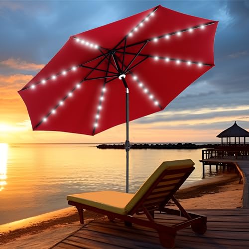 GDY 10Ft Patio Umbrella, Table Umbrella with 40 LED Lights, Outdoor Umbrellas for Patio, with Tilt and Crank, Center Light, for Garden, Deck, Backyard, Pool, and Beach. - color: Red