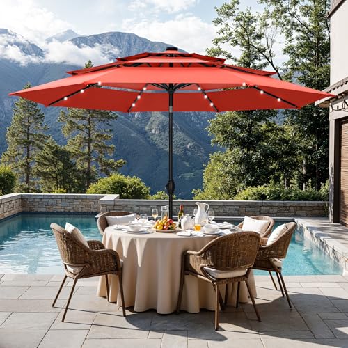 Sophia & William 10ft Patio Umbrellas 3-Tier Umbrella Outdoor Patio Umbrellas with Lights Vented Top 24 LED lights Adjustable Tilt for Pool Garden Backyard, Red - color: Red