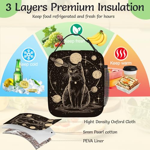 Black Cat Lunch Bag for Kids,Astrology Planet Insulated Lunch Box for Women, Large Capacity with Mutiple Pockets Gilrs Boys School Thermal Bag for Work,Picnic,Hiking - color: Black Cat