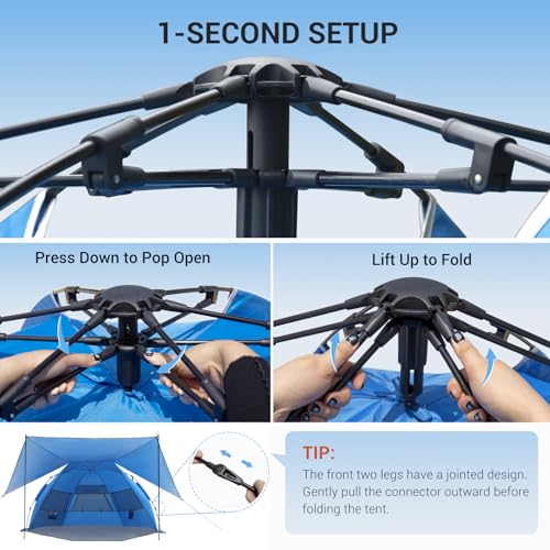 Elegear CumbreX™ Beach Tent with 360° Removable Canopy, 4-6 Person Pop Up Sun Shade Shelter, UPF 50+ Automated Installation Double Silver Coating Portable Lightweight Beach Cabana for Beach/Outdoor - color: Blue