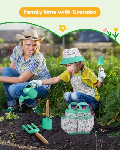 Grenebo Kids Gardening Set Toys,Includes Metal Trowel,Transplanting Shovel,Garden hat,Rake,Apron,Gloves,Watering Can,and Tool Organizer Bag (Lake Green) - color: D-lake Green
