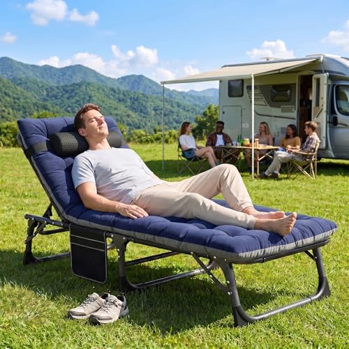 ABORON 3-in-1 Folding Patio Lounge Chair, 440LB Heavy-Duty Tri-Fold Guest Bed with Plush Cotton Cushion, No Assembly Adjustable Recliner for Office Nap, Patio Sunbathing, Poolside & Camping - color: Xtreme Deepwater