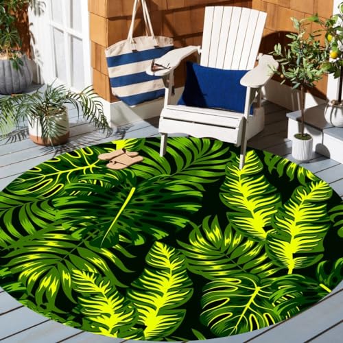Black Green Round Patio Deck Balcony Indoor Outdoor Area Rug Tropical Montera Palm Plant Waterproof Rug for Porch Camping Yard Hallway Non Skid Outside Carpet 2' - color: A, size: 2ft