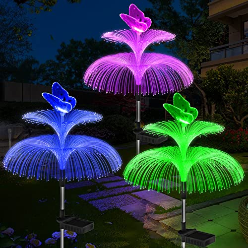 Weepong Solar Garden Lights Waterproof 3 Pack Solar Lights Outdoor Decorative 7 Color Changing Double Jellyfish and Butterfly Flower Garden Decor Yard Christmas Pool Outdoor, Gifts for Mother's Women
