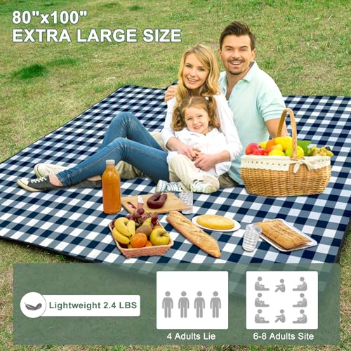 ZUBOND Extra Large Picnic Blanket Outdoor Picnic Mat Waterproof Foldable 80''x100'', Beach Blanket Sandproof for LawnPark, Grass, Travel, Hiking, Camping Essentials, Vintage Gingham Picnic Blanket - color: Blue White, size: 80 x 100 Inch