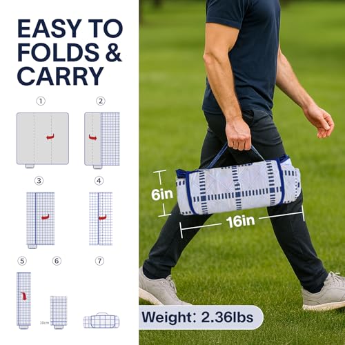 Alvantor® Extra Large Picnic Blanket, 80"x80" Waterproof Outdoor Blanket, Foldable Camping Blanket with Hook & Loop Straps, Portable for Beach, Park, Travel, Sandproof, Soft & Durable,Blue - color: Bule and White