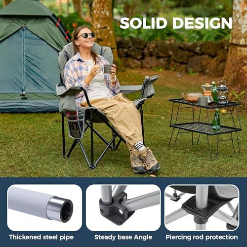 KingCamp Oversized Camping Folding Chair with Lumbar Support, Heavy Duty Ergonomic Padded Arm Chair with Cooler Bag, Cup Holder, Portable for Outdoor - color: Navy/Grey