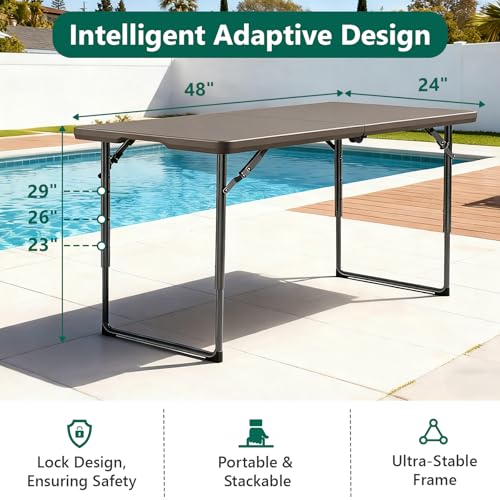 Folding Table, 4FT Foldable Picnic Table with Carrying Handle, Heavy Duty Fold-in-Half Portable Table for Weddings, Camping, RV Travel, Parties, BBQs, and Indoor Use, Easy to Fold and Store, Khaki - color: Khaki, size: 4FT