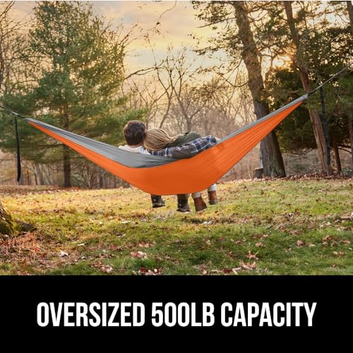 GORILLA GRIP Durable Camping Hammock with Heavy Duty Tree Straps, Portable Hammocks for Outside, Easy to Use Travel Swing Chair, Outdoor Camper Hiker Essentials, Backpacking Gear Gifts, Double, Orange - color: Orange/Grey, size: Double (10' x 6.5')